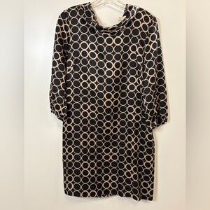 J. Crew Mod Black Silk Dress with Tan Circles, Scarf Neck & Pockets